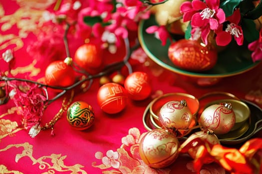 Colorful ornaments and floral arrangements create a vibrant atmosphere for a festive celebration showcasing rich cultural traditions and symbols.