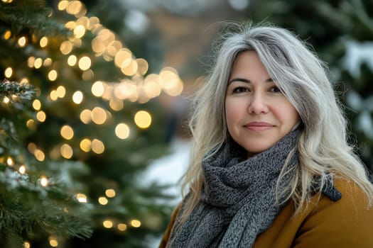 A woman with long hair stands outdoors beside a tree decorated with sparkling lights showcasing a joyful expression in a winter setting.