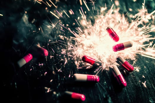Capsules in red and white colors are exploding in sparks against a dark background creating a unique contrast and visual interest.