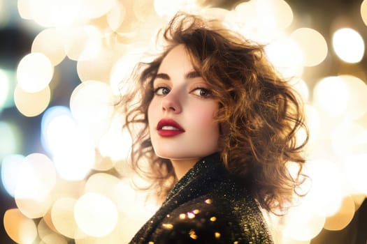 A woman with curly hair poses gracefully in front of soft glowing lights exuding confidence and charm during a festive evening.