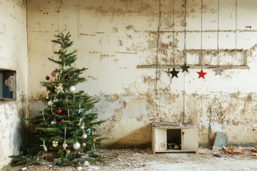 A neglected room features a Christmas tree adorned with ornaments creating a stark contrast against peeling walls and decay.
