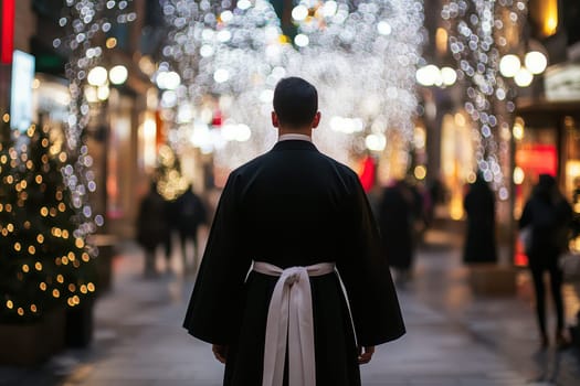 A person dressed in traditional clothing strolls down a beautifully lit street filled with holiday decorations and lights during the evening.