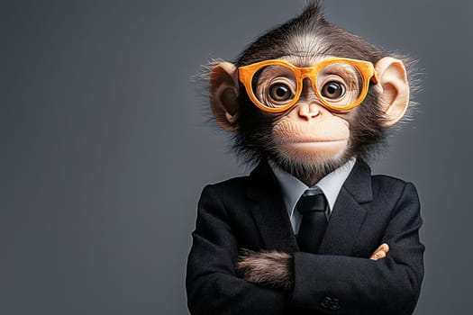 Chimpanzee in a sleek business suit wearing glasses with arms folded, representing leadership, confidence, and a humorous take on corporate culture. AI generated image