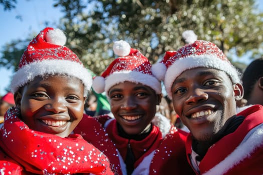 Friends dressed in Christmas hats and scarves smile joyfully during a festive celebration enjoying the holiday spirit outdoors.