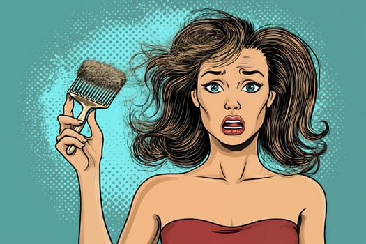 Pop art style illustration of shocked woman with messy hair holding comb, comic book style artwork featuring retro beauty problems concept.
