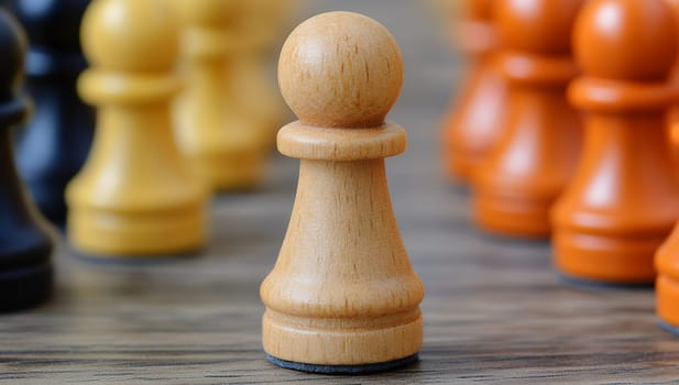 Detailed close up of wooden chess pawn piece with blurred colorful pawns in background, symbolizing strategy and leadership concept.