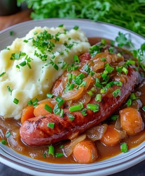 Traditional Polish dish, potatoes with baked kielbasa and onion sauce. AI generative.