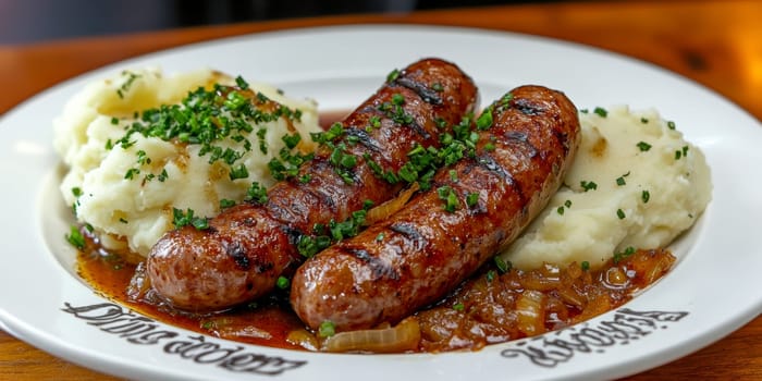 Traditional Polish dish, potatoes with baked kielbasa and onion sauce. AI generative.