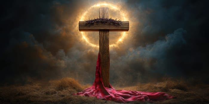 Wooden cross with crown of thorns. AI generative.