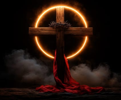 Wooden cross with crown of thorns. AI generative.