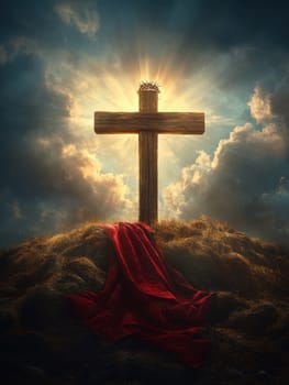 Wooden cross with crown of thorns. AI generative.