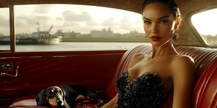 An elegant woman in the back seat of a luxury car, with  dachshund. AI generative.