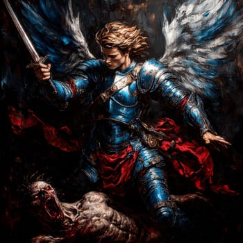 Archangel Michael in blue and red colors, with a sword drawn over a demon lying on a black background. AI generative.
