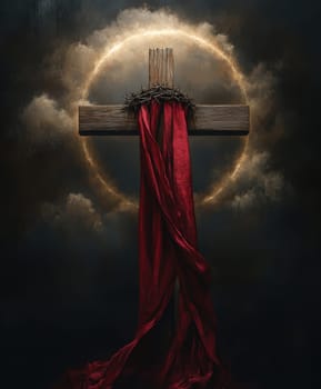 Wooden cross with crown of thorns. AI generative.