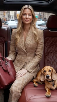 An elegant woman in the back seat of a luxury car, with  dachshund. AI generative.
