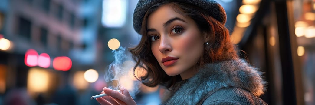 Woman dressed in 80s style smoking a cigarette on the street. AI generative.