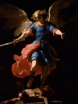 Archangel Michael in blue and red colors, with a sword drawn over a demon lying on a black background. AI generative.