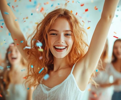 oung woman, celebrating with her arms raised high in the air, surrounded by colorful confetti.  AI generative.