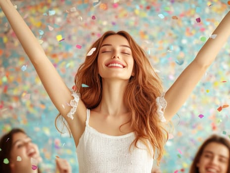 oung woman, celebrating with her arms raised high in the air, surrounded by colorful confetti.  AI generative.
