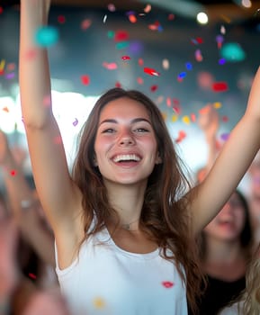 oung woman, celebrating with her arms raised high in the air, surrounded by colorful confetti.  AI generative.