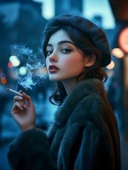 Woman dressed in 80s style smoking a cigarette on the street. AI generative.