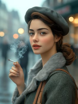 Woman dressed in 80s style smoking a cigarette on the street. AI generative.