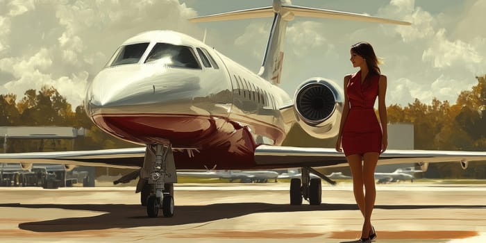 Create a retro-inspired illustration of a private jet on a runway. Include a young, beautiful flight attendant in a sweet, classic uniform with a slightly short dress, smiling next to the aircraft. The colors should be warm and inviting, evoking a sense of mid-20th century glamour and elegance. The style should be simple yet striking, suitable for a logo for a group called 'Airstripes. --chaos 30 --ar 2:1 --style raw --stylize 300 --v 6.1 Job ID: 60ab4b69-5167-4b48-859f-d3f0ffe6e7b4