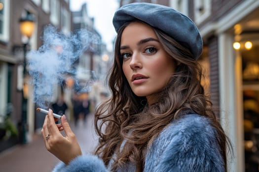 Woman dressed in 80s style smoking a cigarette on the street. AI generative.
