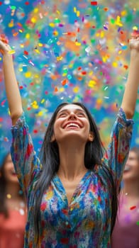 oung woman, celebrating with her arms raised high in the air, surrounded by colorful confetti.  AI generative.