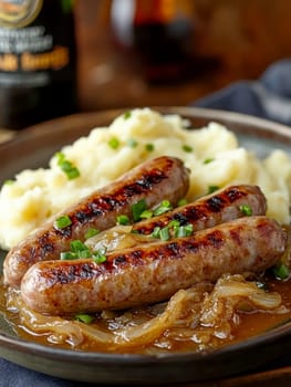 Traditional Polish dish, potatoes with baked kielbasa and onion sauce. AI generative.
