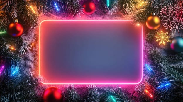 Christmas neon frame with snowflakes, baubles, garland and fir tree twigs on grey background, copy space for text.
