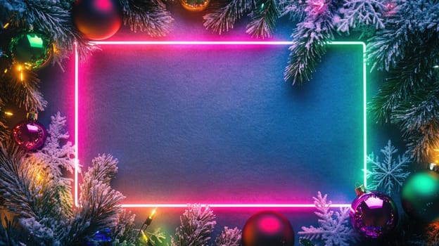 Christmas neon frame with snowflakes, baubles, garland and fir tree twigs on grey background, copy space for text.