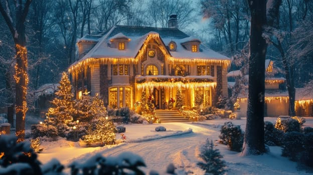 French style house decorated and illuminated for Christmas and New Year. City mansion in winter park covered with snow.