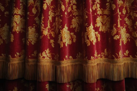 Discover the elegance of this rich red velvet theatre curtain featuring ornate gold accents, perfect for enhancing theatrical performances or as a stunning interior decor piece.