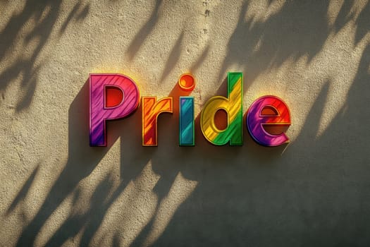 A vibrant rainbow flag waving gracefully in the wind, casting colorful shadows. The energetic display represents love, diversity, and unity against a textured backdrop, evoking pride.