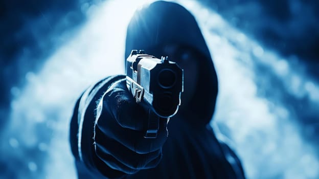 A striking cinematic close-up of a hooded figure aiming a gun directly at the viewer. The dramatic bottom-to-top perspective enhances the intensity of the scene, with deep shadows and a mysterious silhouette illuminated by eerie blue rays of light. The atmospheric lighting and sharp focus evoke suspense, power, and intrigue, making it a gripping visual.
