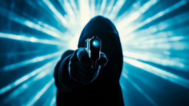 A striking cinematic close-up of a hooded figure aiming a gun directly at the viewer. The dramatic bottom-to-top perspective enhances the intensity of the scene, with deep shadows and a mysterious silhouette illuminated by eerie blue rays of light. The atmospheric lighting and sharp focus evoke suspense, power, and intrigue, making it a gripping visual.