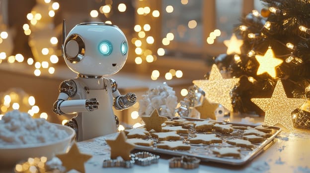 A heartwarming scene of a cute futuristic robot in a cozy kitchen, donned with a tiny apron, lovingly baking Christmas cookies. The space is filled with holiday cheer, featuring flour-dusted counters, star- and tree-shaped cookies, glowing string lights, and festive decorations. The cinematic lighting, soft whites, and golden hues enhance the warm, cheerful atmosphere, while intricate details and a subtle bokeh effect add a magical touch.