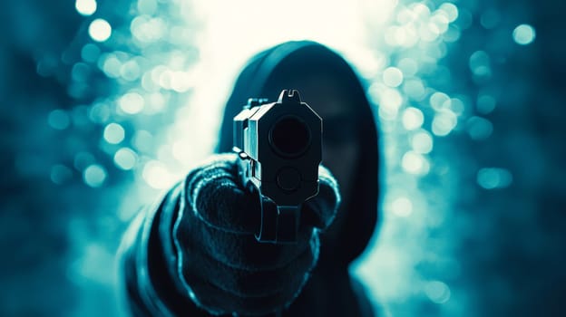A striking cinematic close-up of a hooded figure aiming a gun directly at the viewer. The dramatic bottom-to-top perspective enhances the intensity of the scene, with deep shadows and a mysterious silhouette illuminated by eerie blue rays of light. The atmospheric lighting and sharp focus evoke suspense, power, and intrigue, making it a gripping visual.