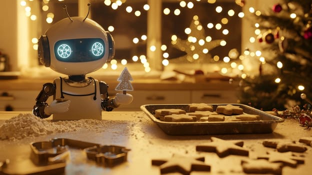 A heartwarming scene of a cute futuristic robot in a cozy kitchen, donned with a tiny apron, lovingly baking Christmas cookies. The space is filled with holiday cheer, featuring flour-dusted counters, star- and tree-shaped cookies, glowing string lights, and festive decorations. The cinematic lighting, soft whites, and golden hues enhance the warm, cheerful atmosphere, while intricate details and a subtle bokeh effect add a magical touch.
