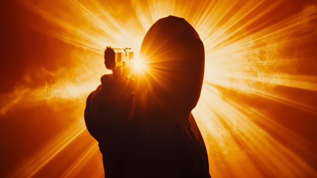 A gripping close-up of a shadowy figure in a hoodie aiming a gun directly at the viewer. The dramatic perspective from below, illuminated by ominous rays of light, creates a cinematic and suspenseful atmosphere. The image conveys tension, mystery, and intensity with its bold contrast and evocative framing.