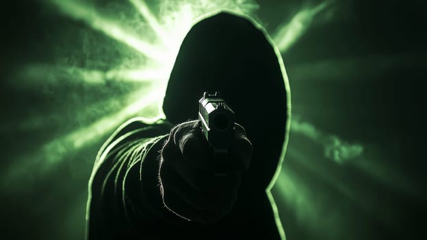 A gripping close-up of a shadowy figure in a hoodie aiming a gun directly at the viewer. The dramatic perspective from below, illuminated by ominous rays of light, creates a cinematic and suspenseful atmosphere. The image conveys tension, mystery, and intensity with its bold contrast and evocative framing.