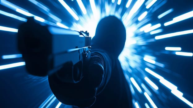 A striking cinematic close-up of a hooded figure aiming a gun directly at the viewer. The dramatic bottom-to-top perspective enhances the intensity of the scene, with deep shadows and a mysterious silhouette illuminated by eerie blue rays of light. The atmospheric lighting and sharp focus evoke suspense, power, and intrigue, making it a gripping visual.