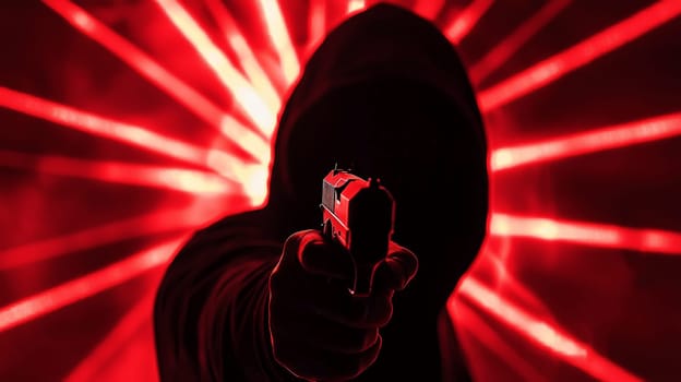A gripping close-up of a shadowy figure in a hoodie aiming a gun directly at the viewer. The dramatic perspective from below, illuminated by ominous rays of light, creates a cinematic and suspenseful atmosphere. The image conveys tension, mystery, and intensity with its bold contrast and evocative framing.