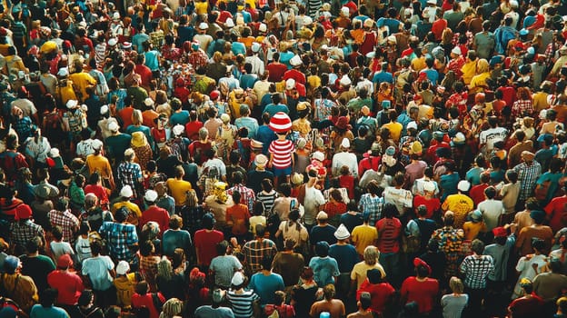 A lively and intricate "Where's Waldo"" illustration packed with vibrant characters, whimsical activities, and a playful ambiance. The bustling scene challenges viewers to spot Waldo amidst the colorful chaos, featuring amusing details and quirky moments that make the search engaging and fun."
