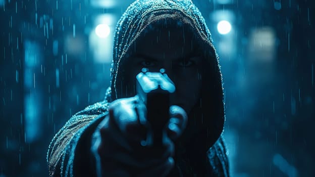 A striking cinematic close-up of a hooded figure aiming a gun directly at the viewer. The dramatic bottom-to-top perspective enhances the intensity of the scene, with deep shadows and a mysterious silhouette illuminated by eerie blue rays of light. The atmospheric lighting and sharp focus evoke suspense, power, and intrigue, making it a gripping visual.