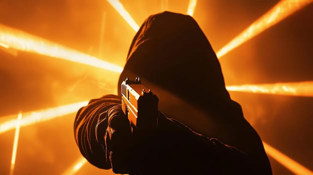 A gripping close-up of a shadowy figure in a hoodie aiming a gun directly at the viewer. The dramatic perspective from below, illuminated by ominous rays of light, creates a cinematic and suspenseful atmosphere. The image conveys tension, mystery, and intensity with its bold contrast and evocative framing.