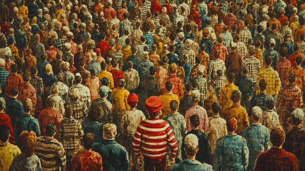 A lively and intricate "Where's Waldo"" illustration packed with vibrant characters, whimsical activities, and a playful ambiance. The bustling scene challenges viewers to spot Waldo amidst the colorful chaos, featuring amusing details and quirky moments that make the search engaging and fun."