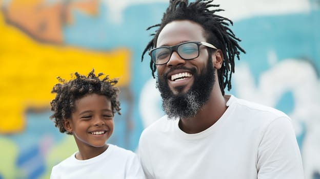 Father and son smiling joyfully outdoors, enjoying a sunny day with colorful graffiti in the background.