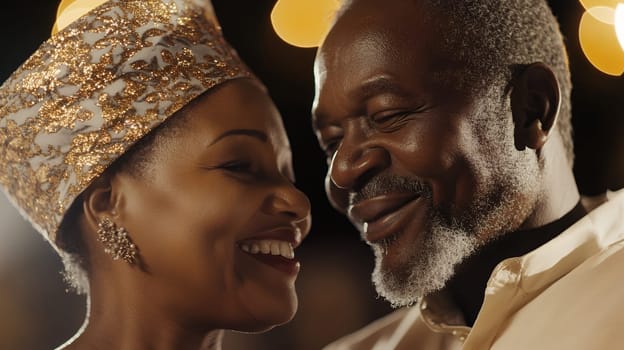 Close-up of an elderly couple sharing a loving moment with warm smiles and sparkling attire.